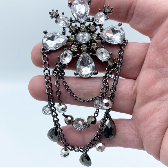 Multi Faceted Rhinestone Gunmetal Tone Dangling Chain Bead Statement Brooch Pin - Picture 3 of 12